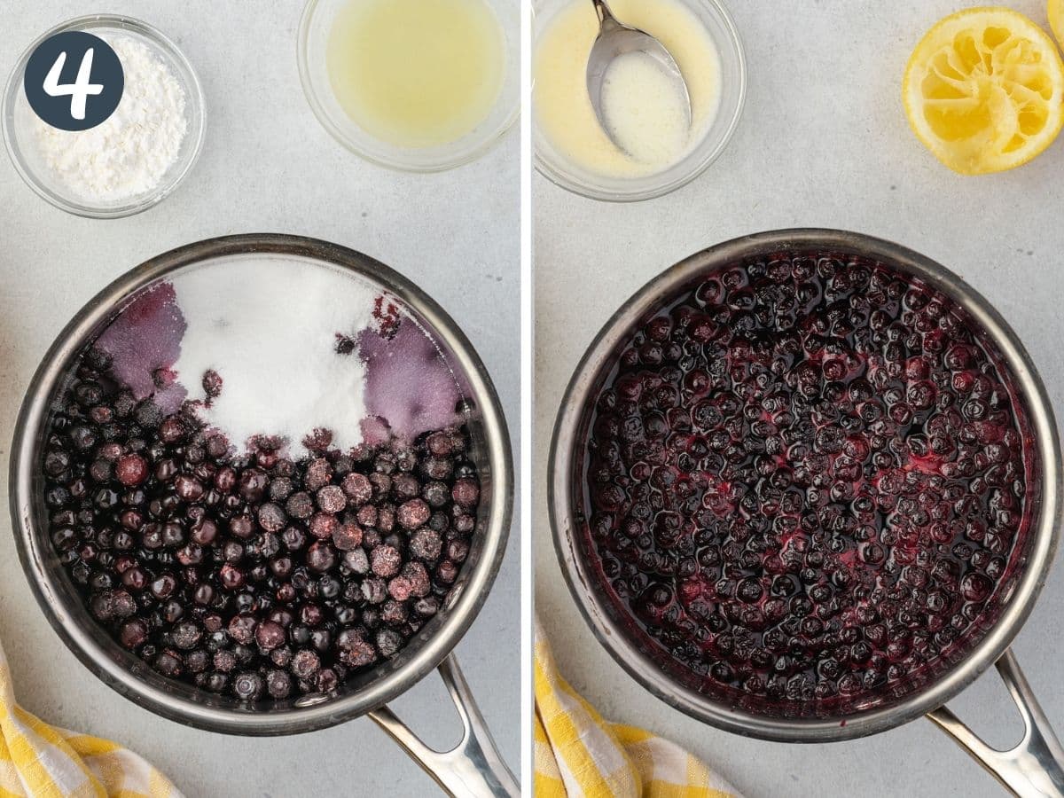 2 image collage showing hucklebery mixture in saucepan before and after it is cooked.