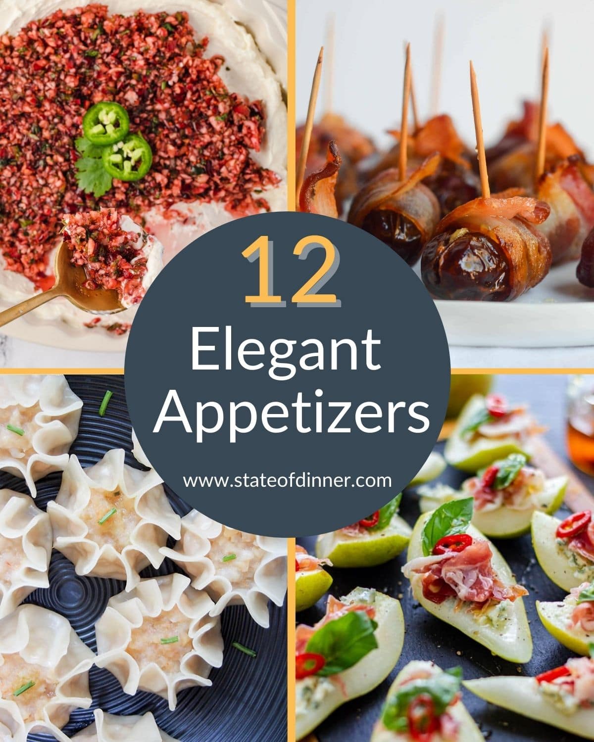 Collage with 4 appetizers and the words "12 elegant appetizers."