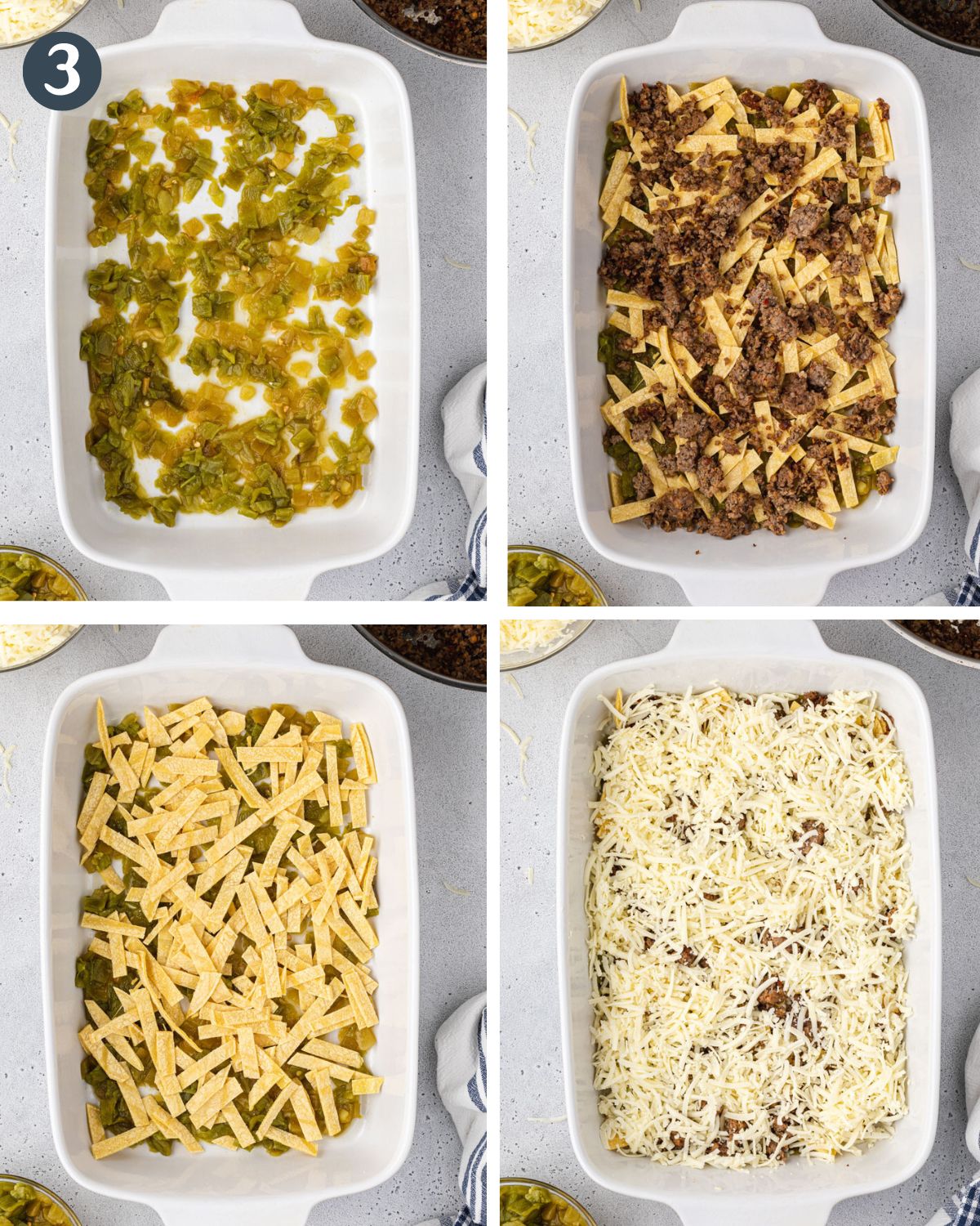 4 images showing the layers of the green chile egg casserole.