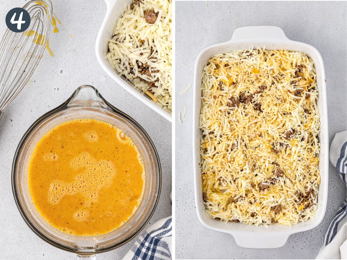 Two image collage: Whisked eggs & spices in bowl, then eggs poured over casserole.