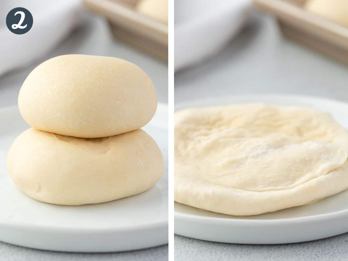Two images showing 2 balls of dough stacked on each other and then flattened to make one circle of dough.