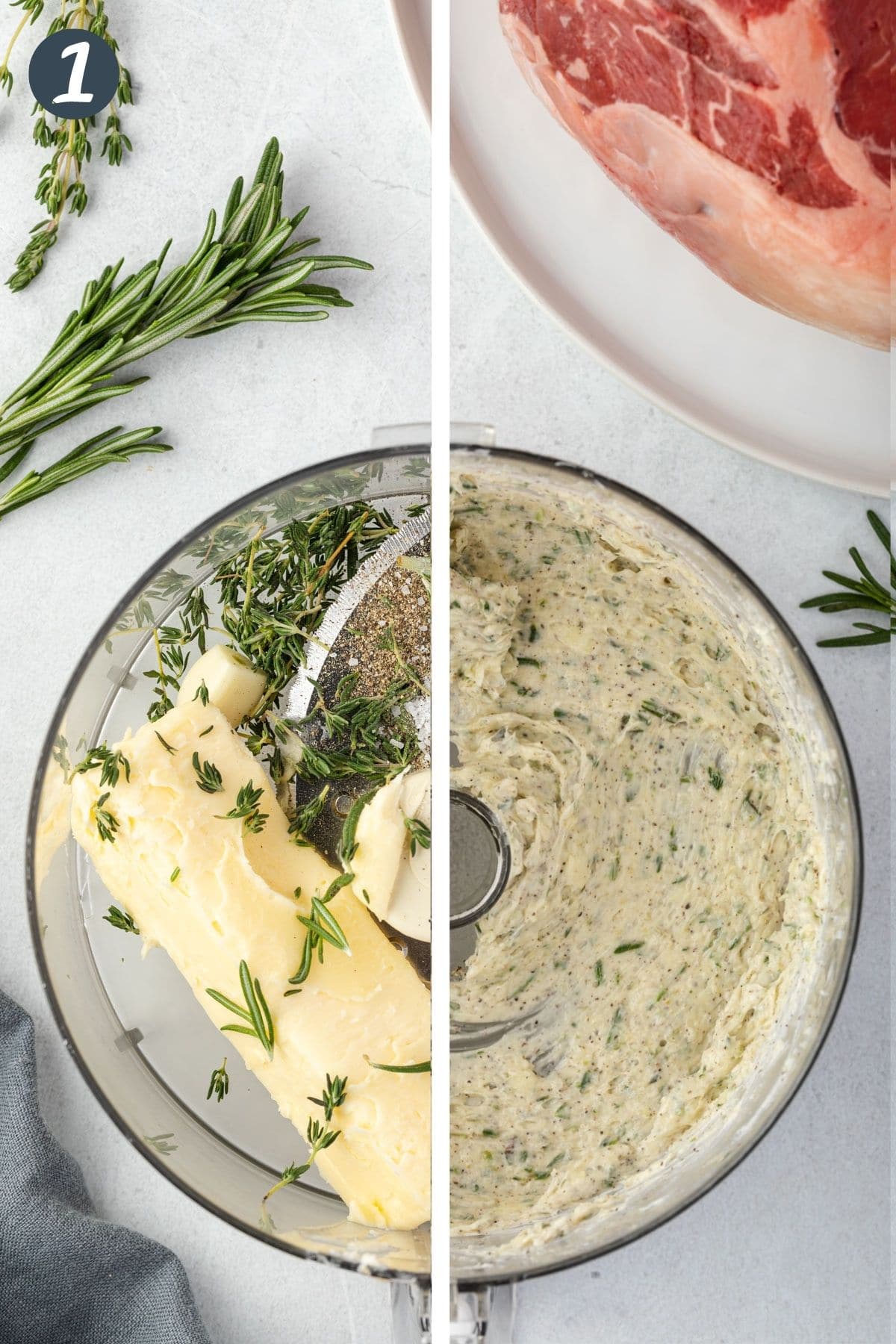 Butter, herbs, and garlic in a food processor.