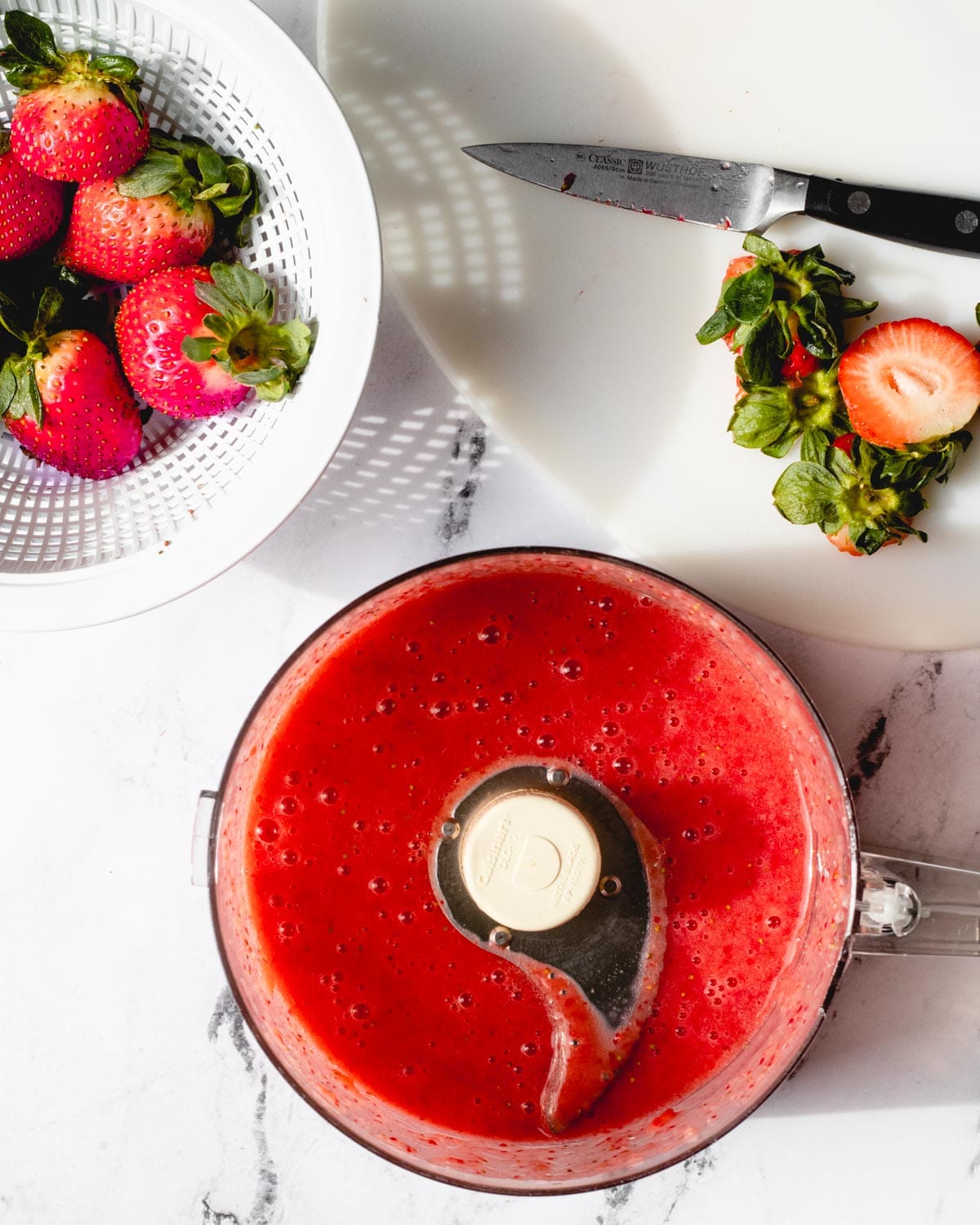 Strawberry puree in a food processor.