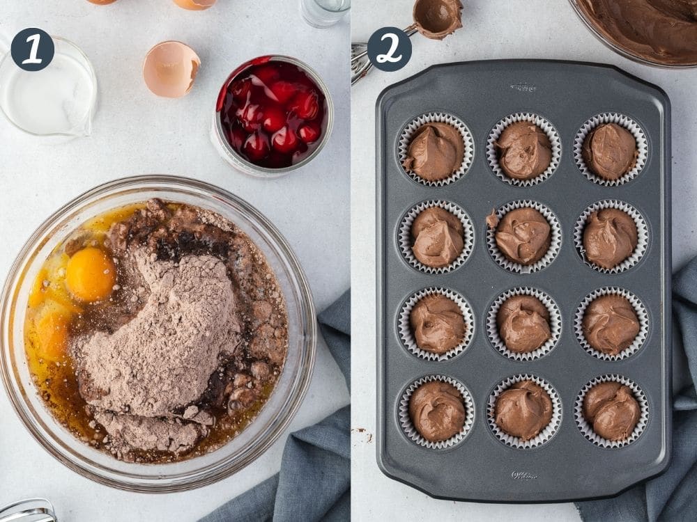 Collage showing brownie mix & eggs in a bowl and the second showing batter in muffin pan.
