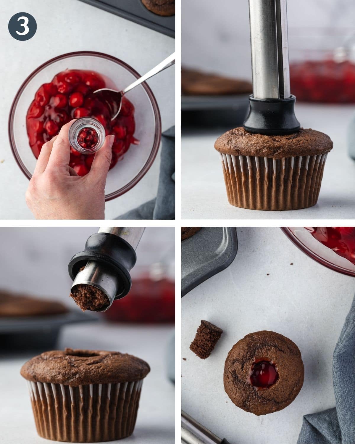 Composite showing how to use an apple corer to remove center of cupcake.