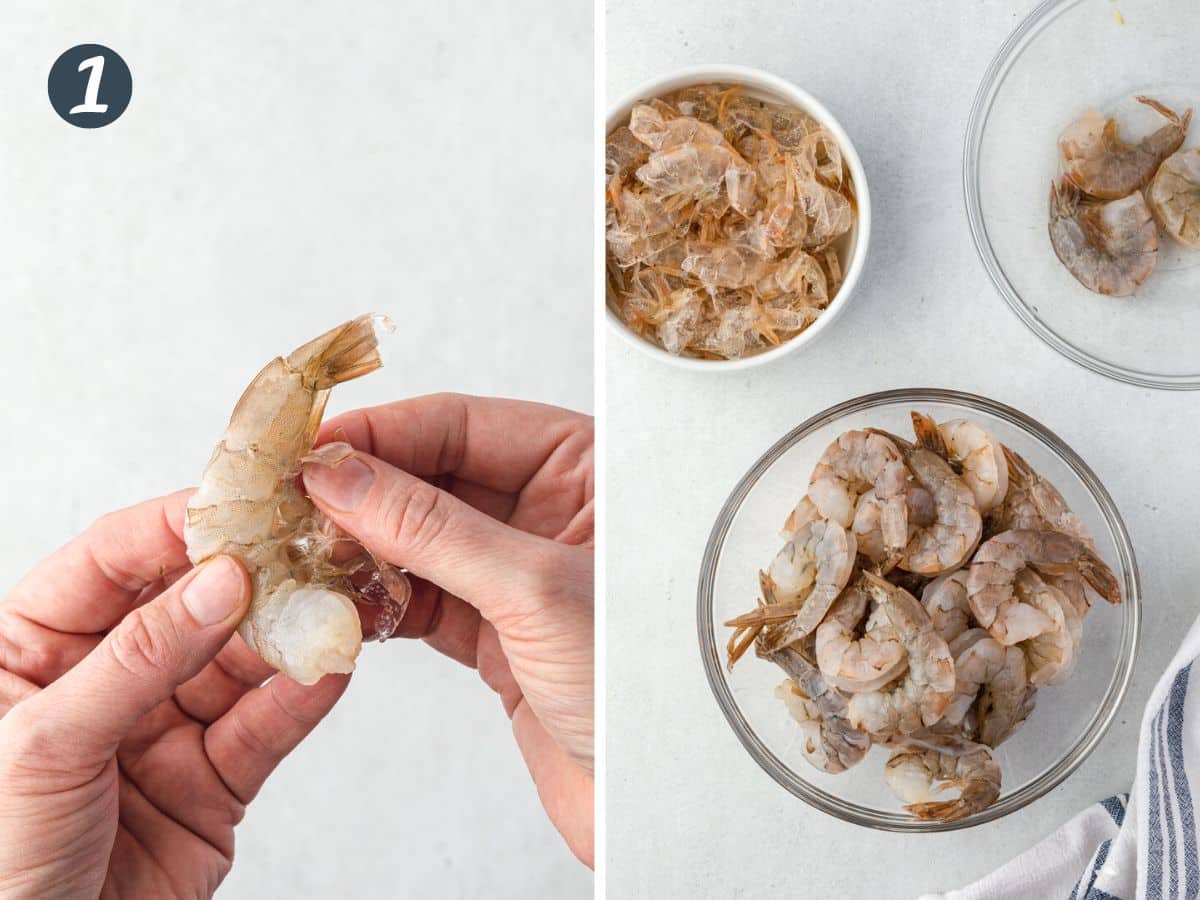 Left image shows peeling shrimp and leaving the tail, right is a bowl of peeled shrimp.