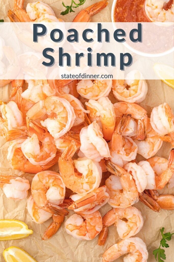 Pinterest pin: Post shrimp on a sheet of brown parchment.