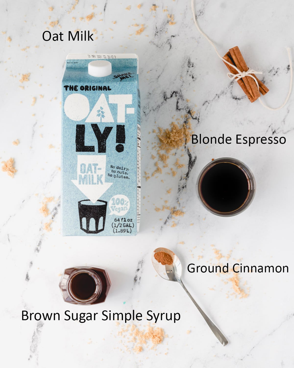 Brown Sugar Oat Milk Shaken Espresso Ingredients: Oat milk, blonde espresso, brown sugar simple syrup, ground cinnamon.