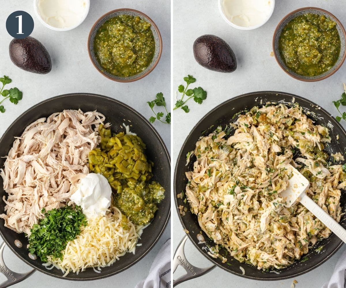 Filling ingredients in a pan on left and mixed up on right.