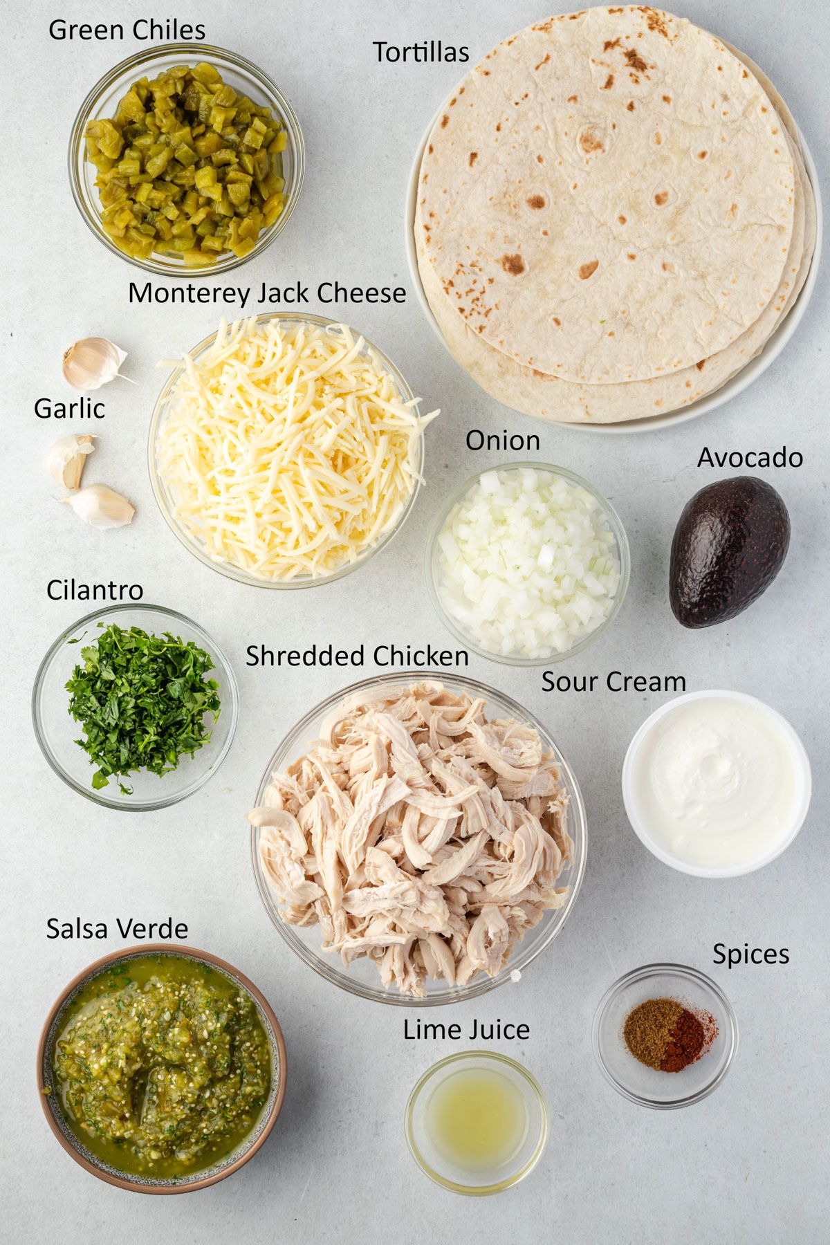 Overhead of labeled enchilada ingredients.
