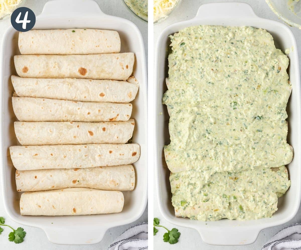 Left image is rolled tortillas in baking dish and right is smothered in creamy salsa verde sauce.