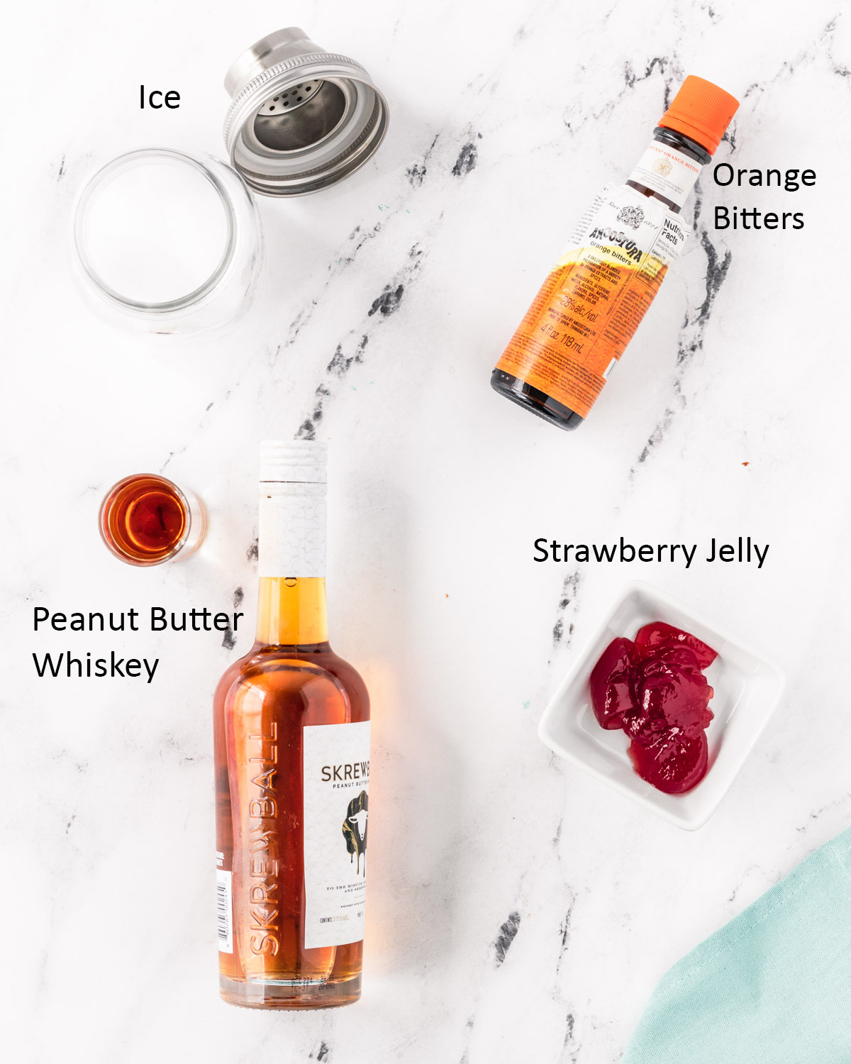 Ingredients for peanut butter and jelly cocktail.