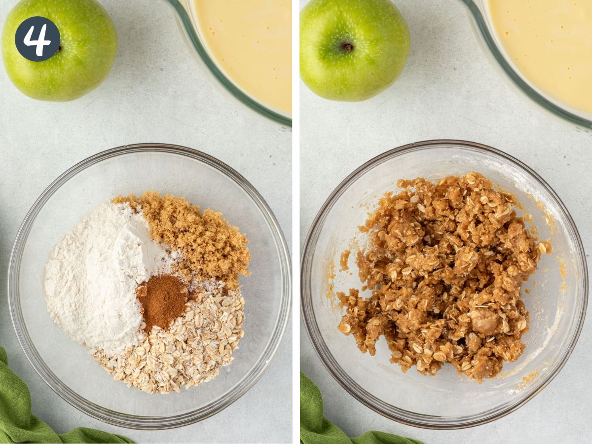 Two images showing the crumble topping ingredients in a bowl and then mixed.