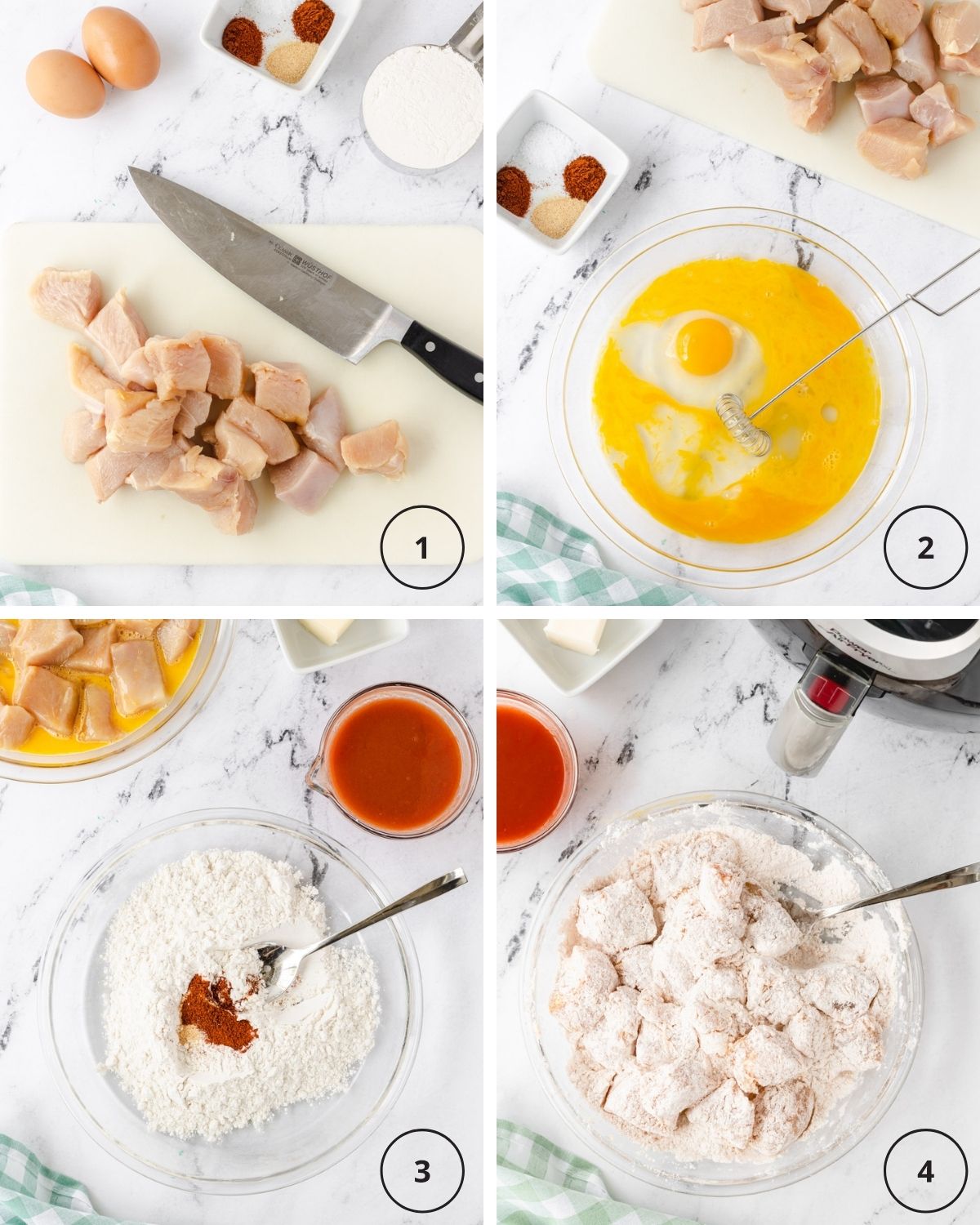 Collage of process shots to make the wings: 1) diced chicken, 2) shallow pan with 2 eggs in it, 3) dry ingredients in a shallow pan, 4) diced chicken coated with flour mixture.