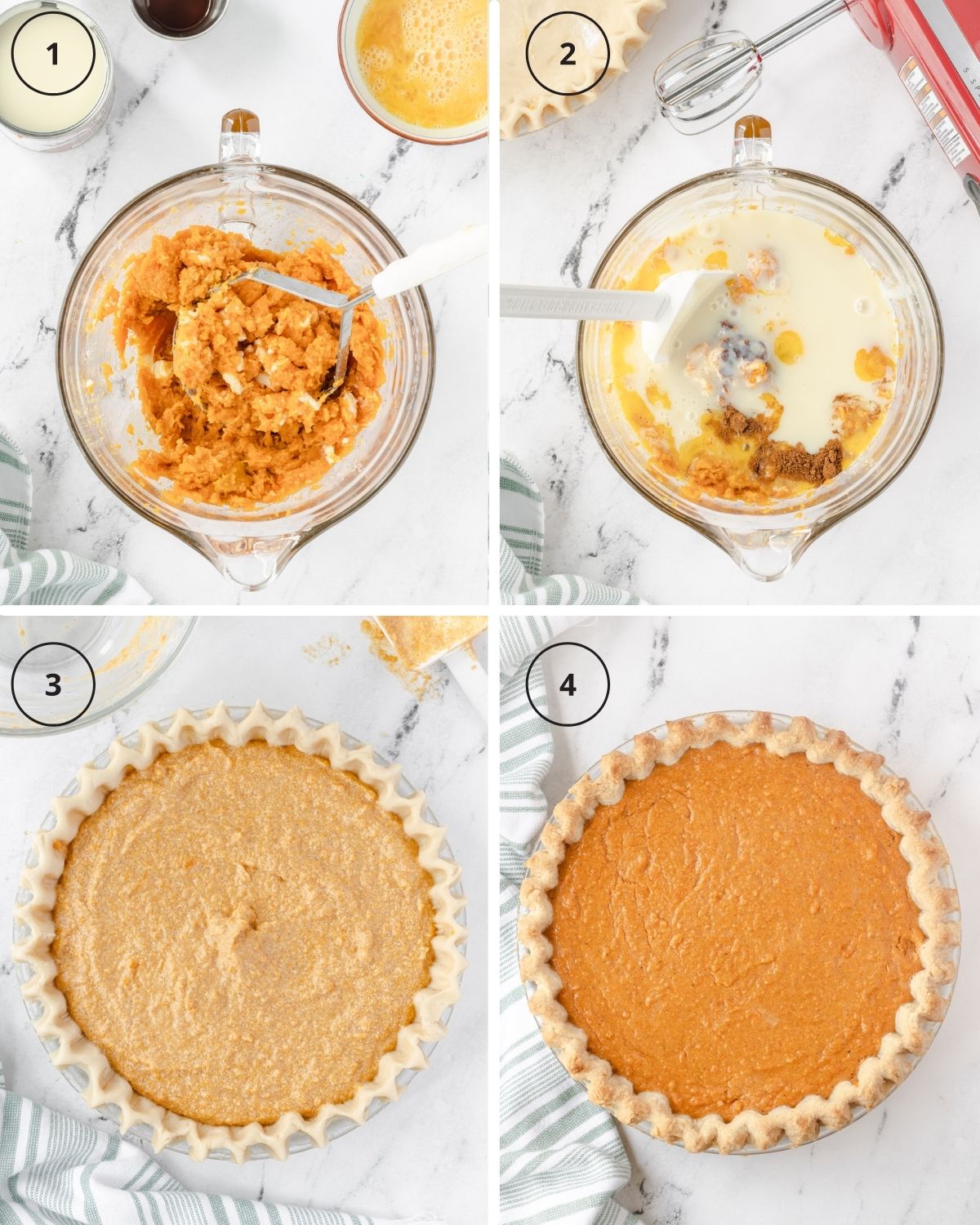 Step-by-step photo collage showing 1) mashing potatoes, 2) mixing all ingredients, 3) unbaked filling in pie, 4) baked pie.