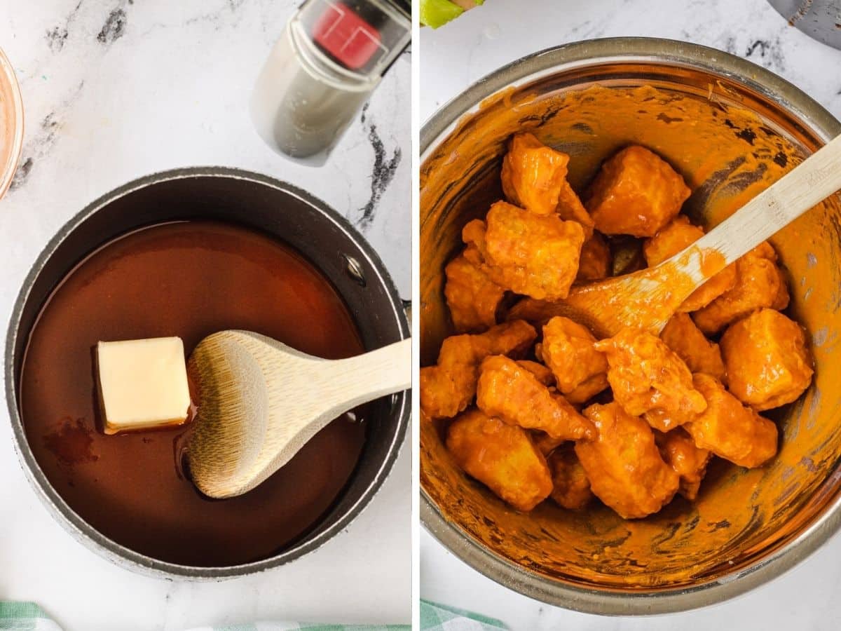 Collage with 1 photo showing buffalo sauce and butter in a pan and 2nd showing wings tossed with sauce in stainless bowl.