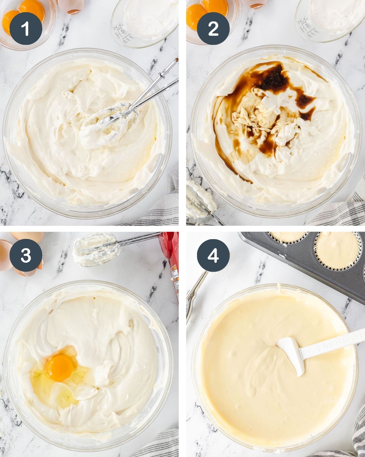4 photo collage: 1) cream cheese beaten smooth, 2 vanilla extract on top, 3 egg added, 4 smooth batter.
