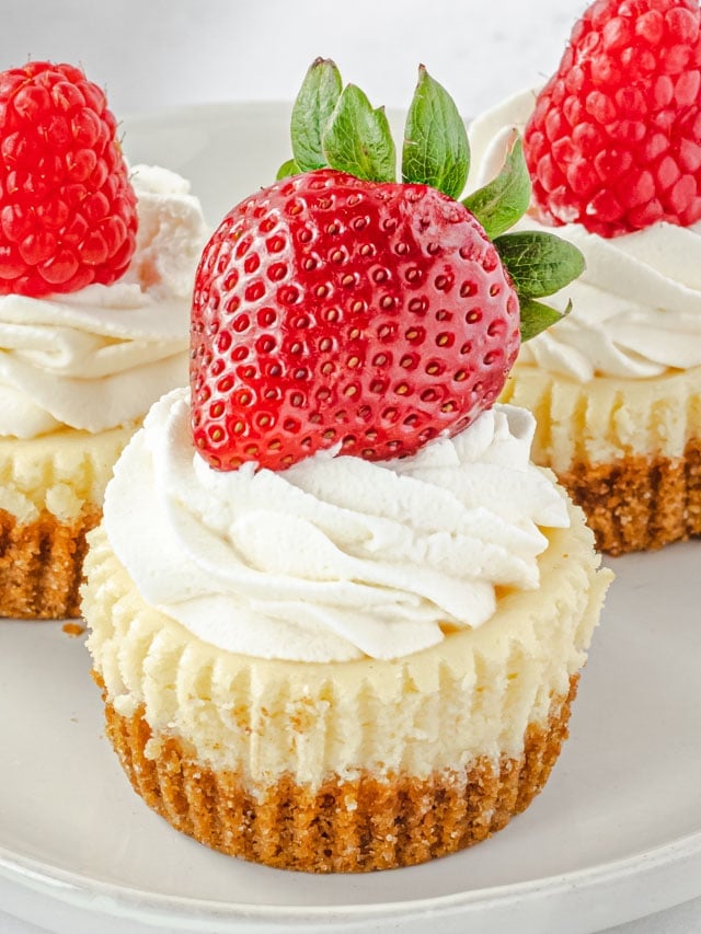 Close up of 3 mini cheesecakes on a plate, with whipped cream and strawberry on front one, and raspberry on back 2.
