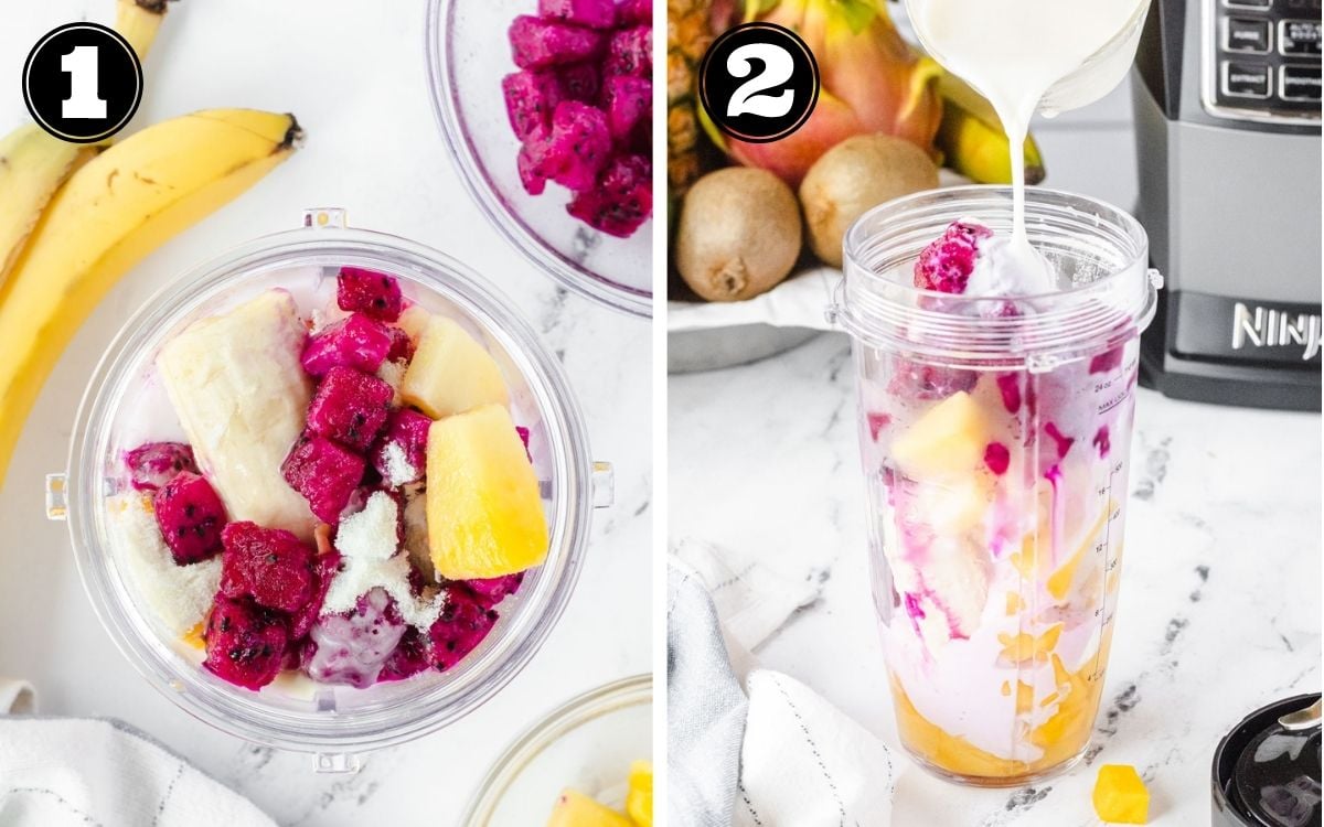 2-step collage showing fruit in blender cup and also pouring milk into blender cup.