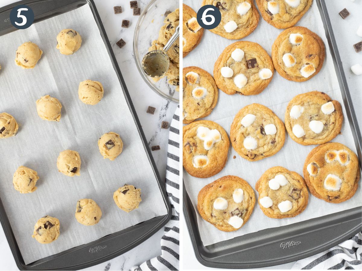 Two photos: Chocolate chip cookie dough balls on baking sheet, and baked cookies with marshmallows added.