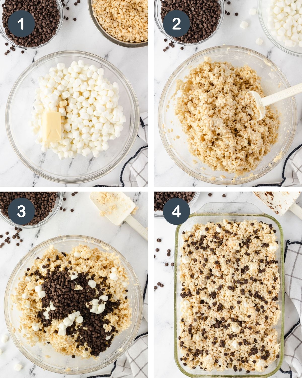4 steps of making rice krispies: Bowl of marshmallows & butter; mixed with cereal, chocolate chips added; and in pan.