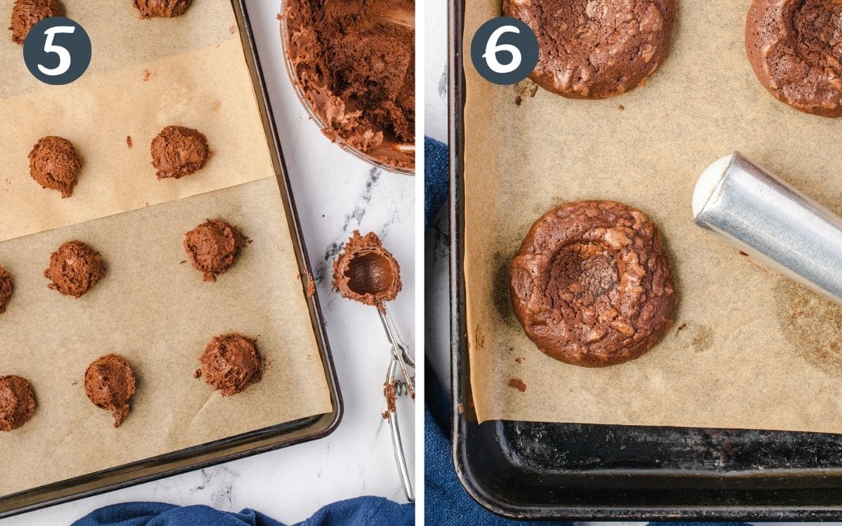 2 image collage: 1) Dough on cookie sheet, 2) Baked cookes with indentions in middle.