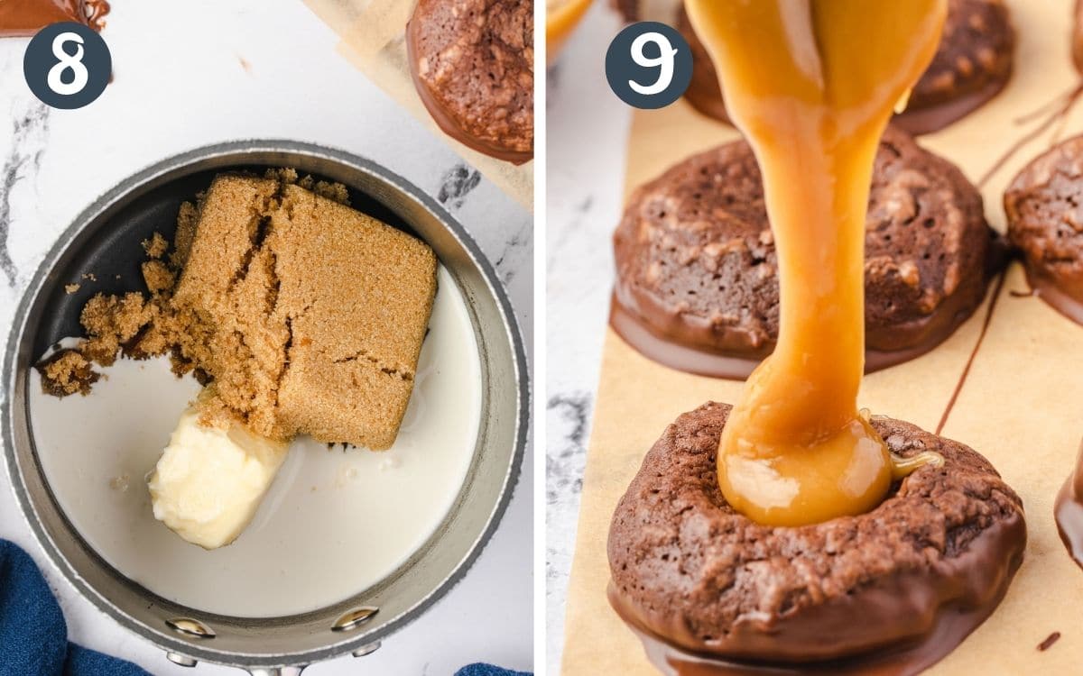 2 image collage: Caramel ingredients in pan and pouring caramel into cookie center.