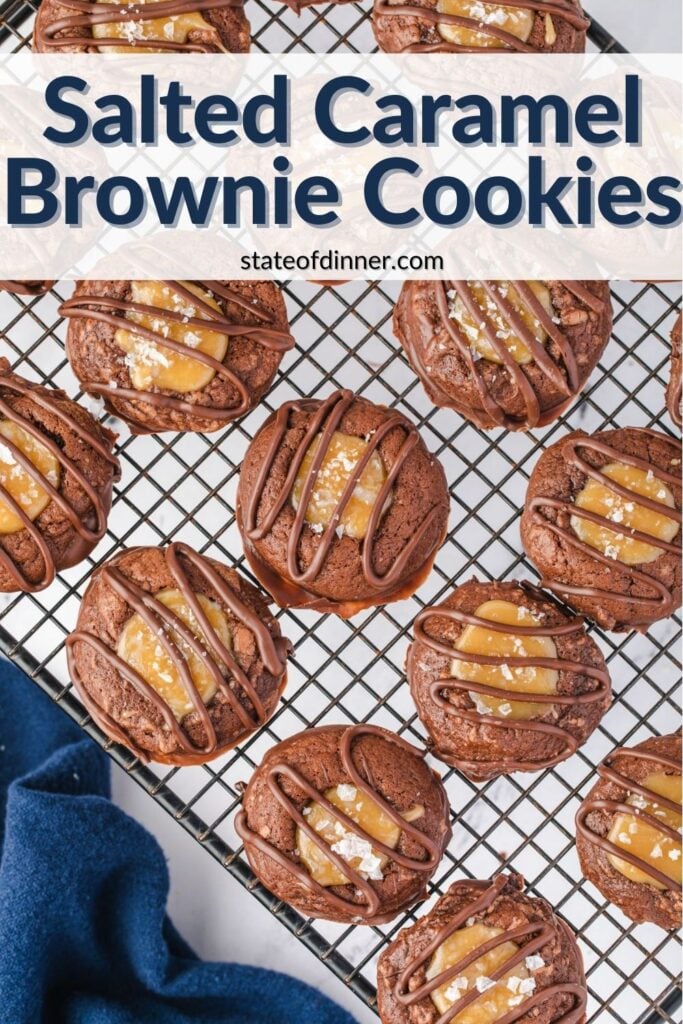 Pinterest pin: Salted caramel brownie cookies on a cooling rack.