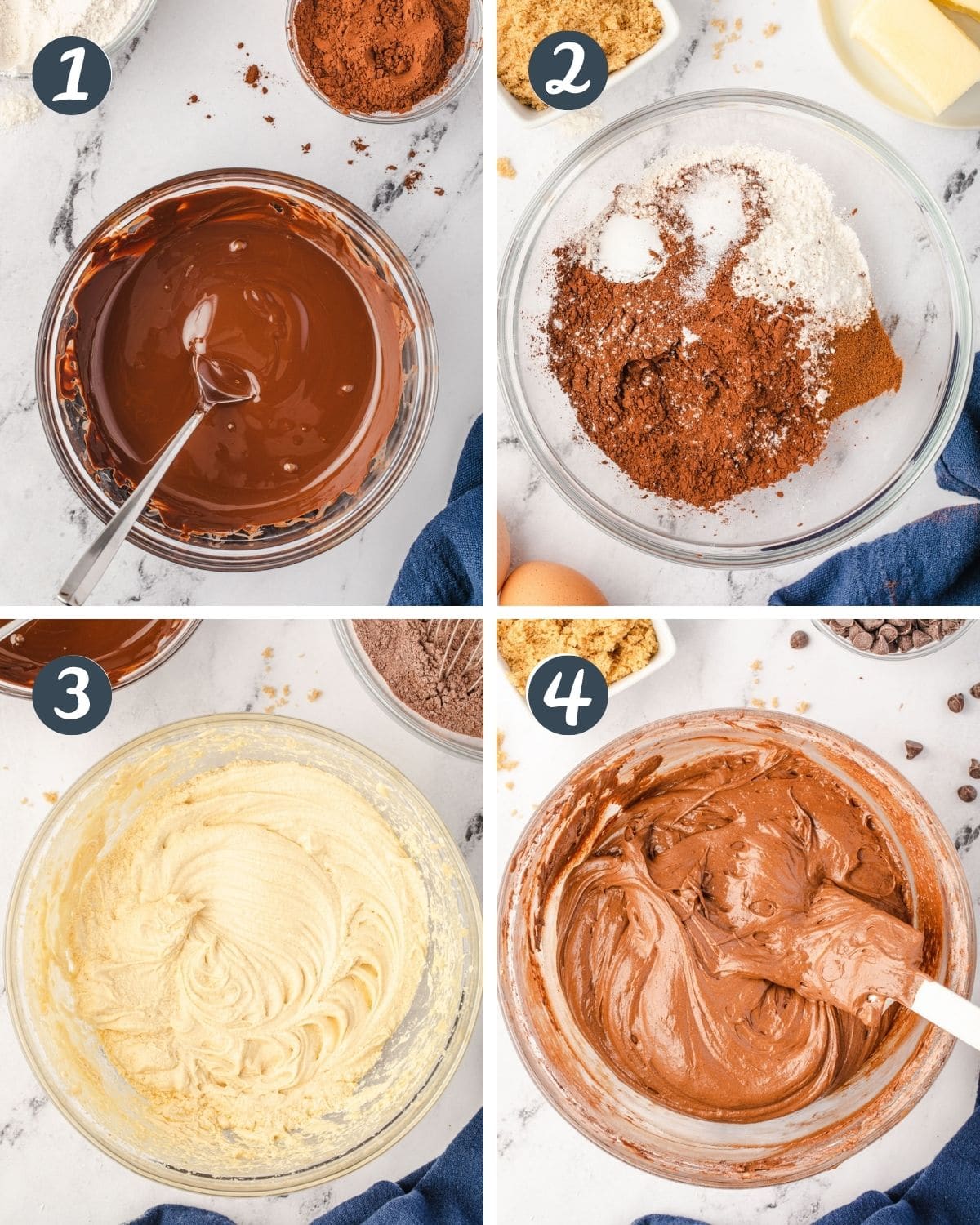 First 4 steps of making cookies: Melt chocolate, mix dry ingredients, beat wet ingredients, added together.