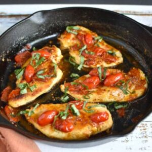 Chicken cutlets in pan with tomatoes and basil.