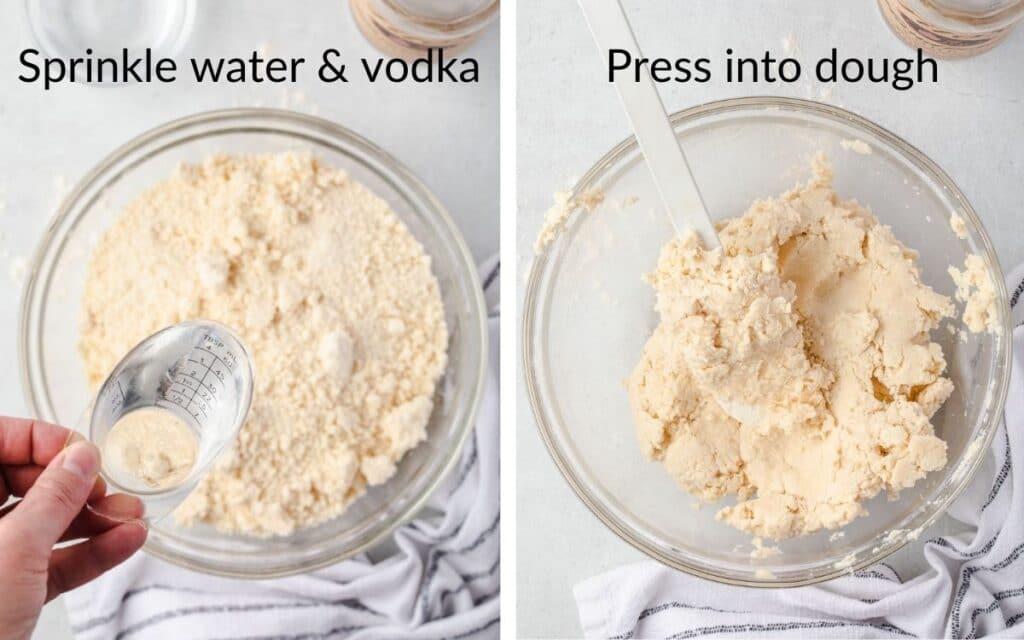 Collage: Vodka in a measuring cup over bowl, and dogh pressed together with a spatula.