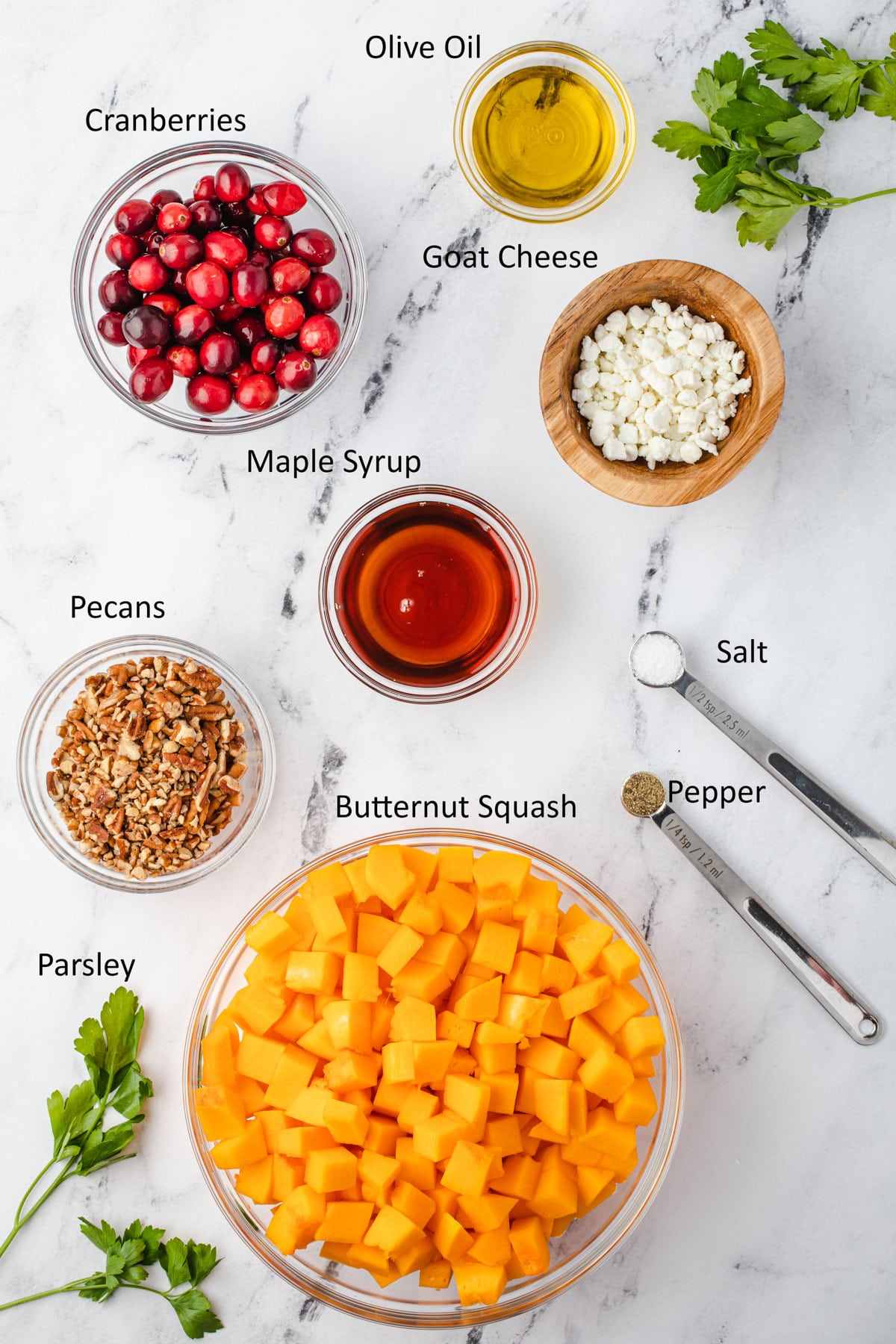 Overhead of labeled ingredients for this Thanksgiving recipe.