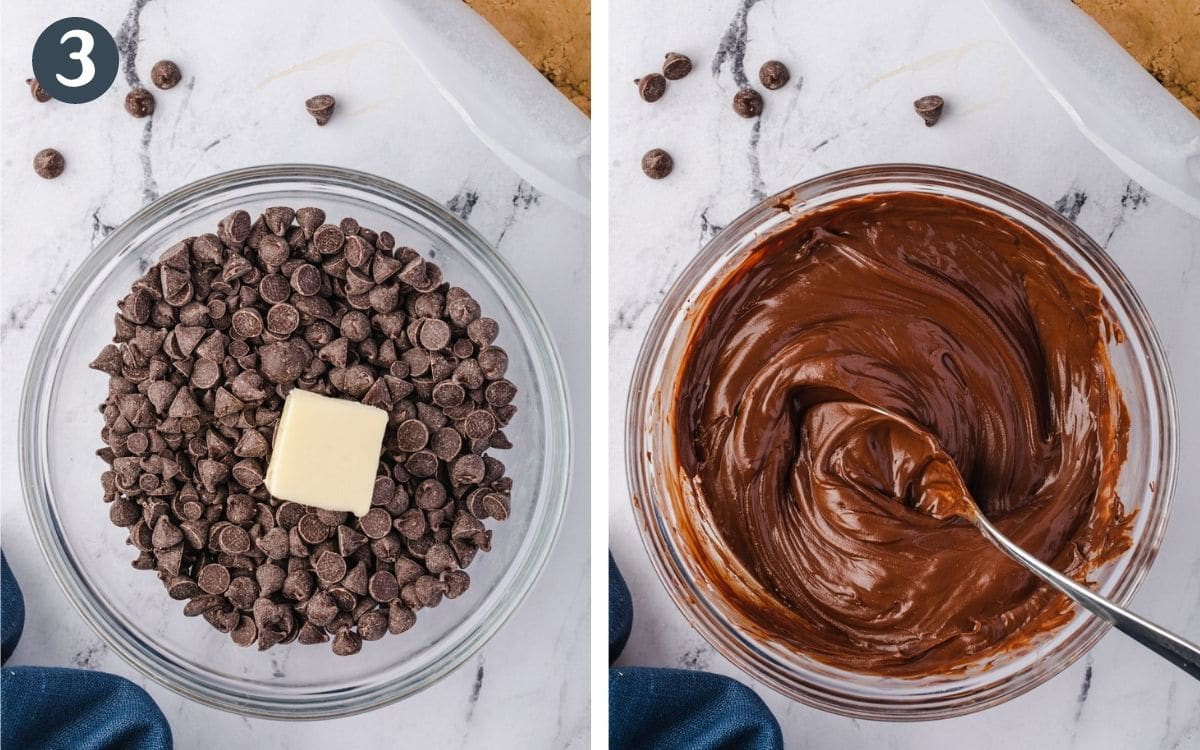 Collage- one bowl with chocolate chips and butter, the other with melted chocoloate.