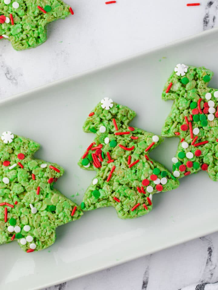 3 Christmas Tree treats on a rectangle plate.