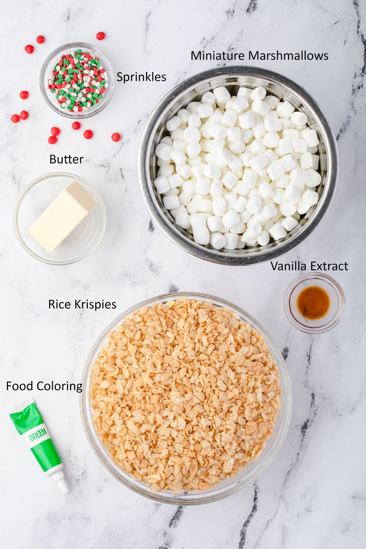 Labeled ingredients for Christmas Rice Krispie Treats.