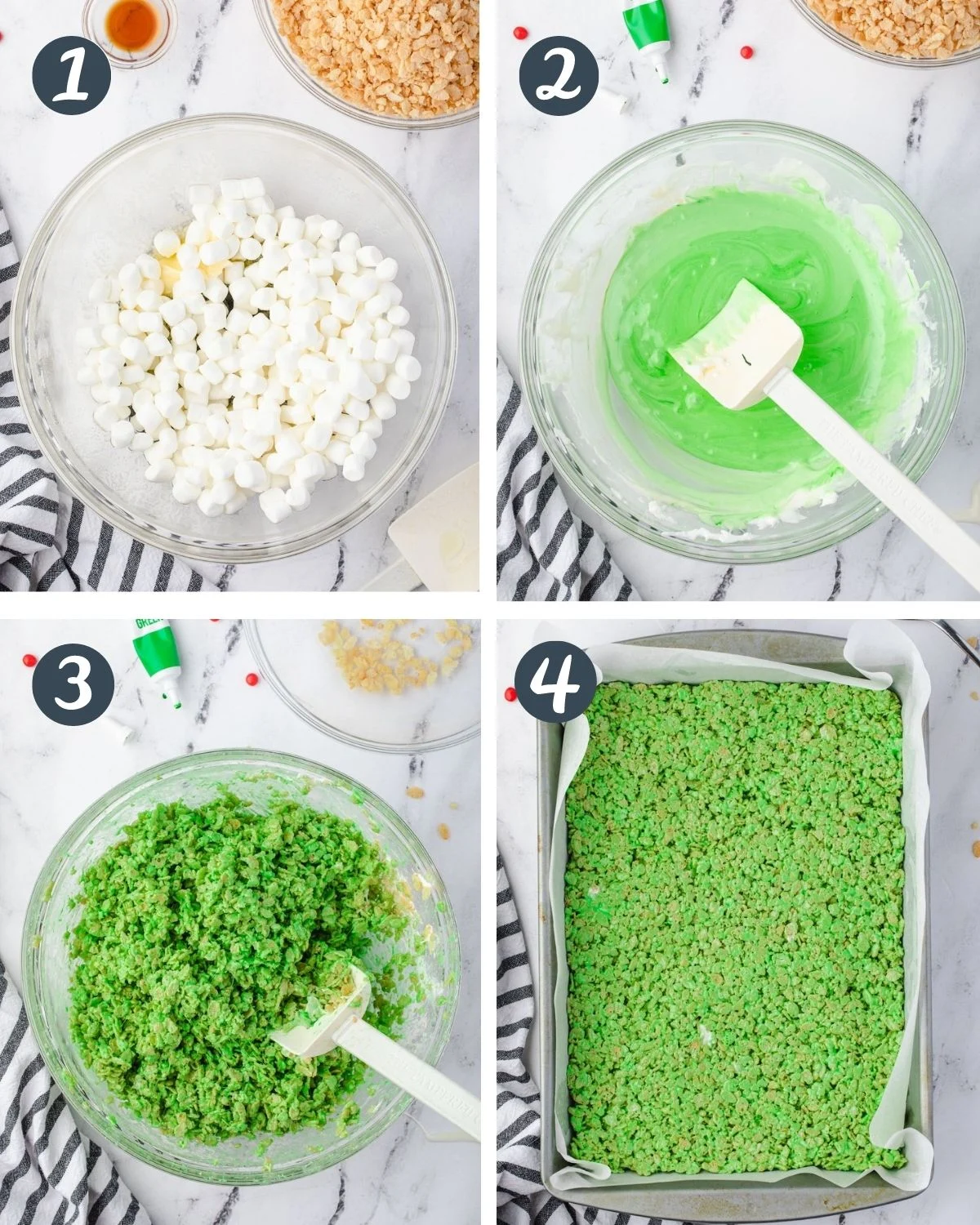 Collage showing 4 steps for making Christmas Rice Krispie Treats.
