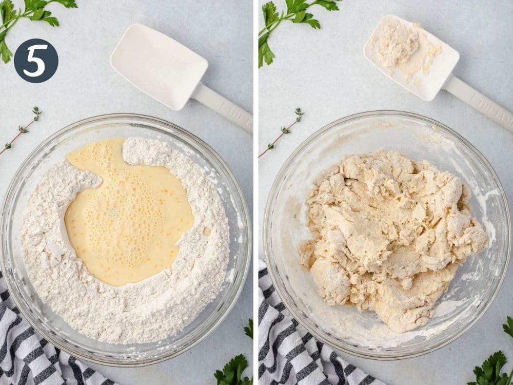 Side by side photos of flour & milk mixture, and then all mixed in to make dumpling dough.