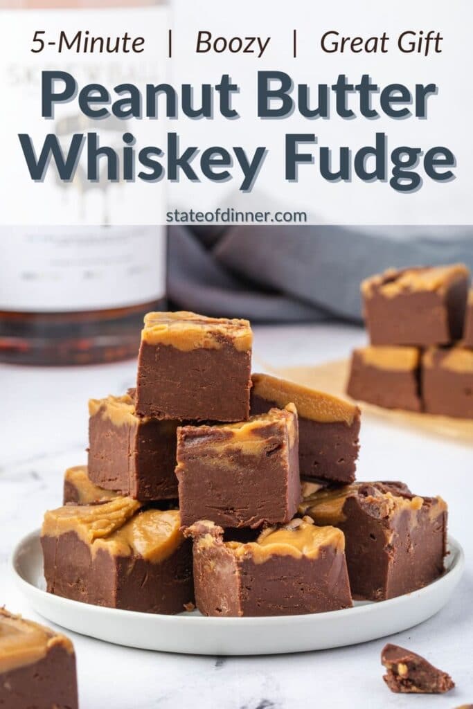 Pinterest Pin: Plate of whiskey fudge with words 5 minute, boozy, great gifts!