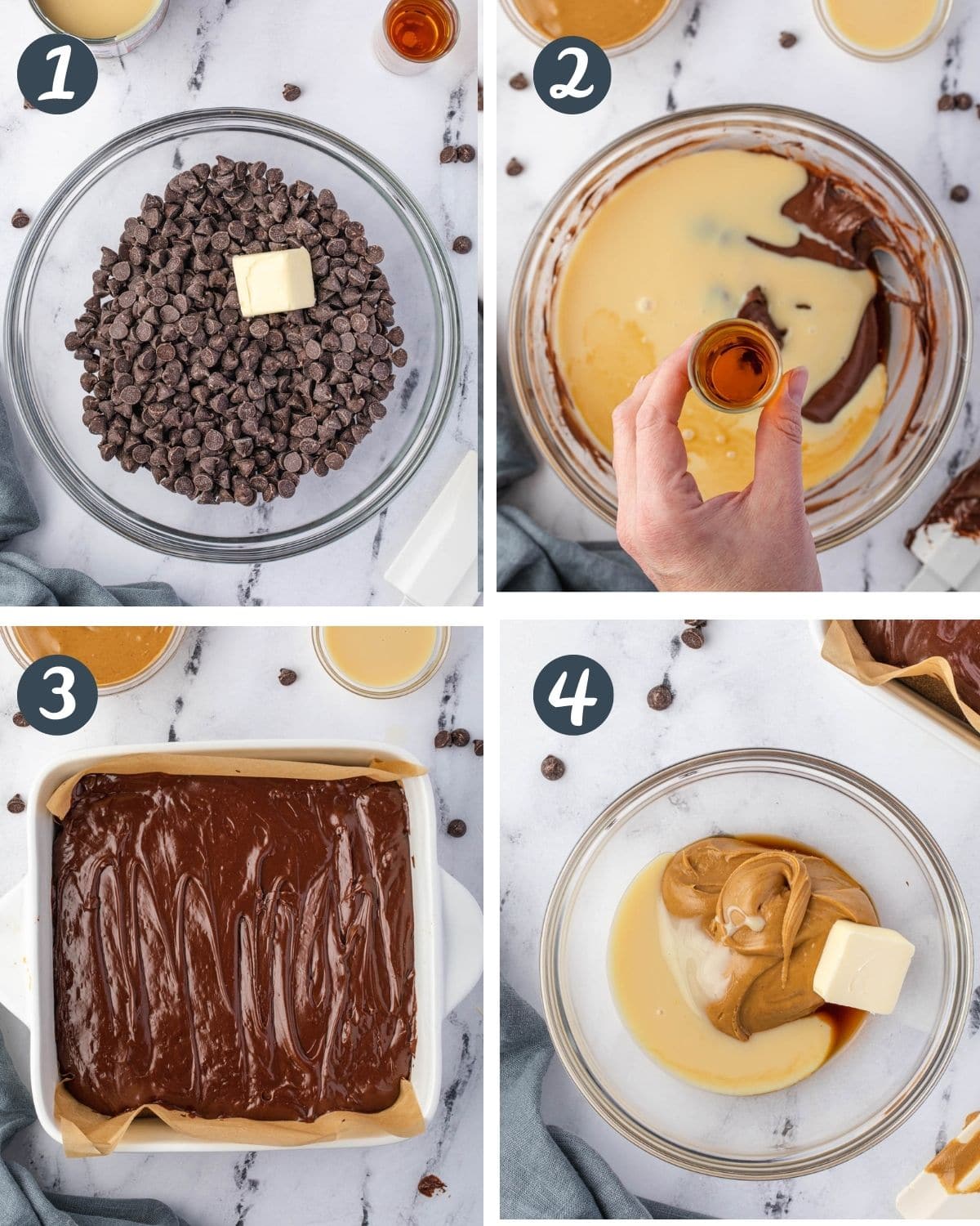 Collage with 4 steps to melt chocolate and peanut butter.