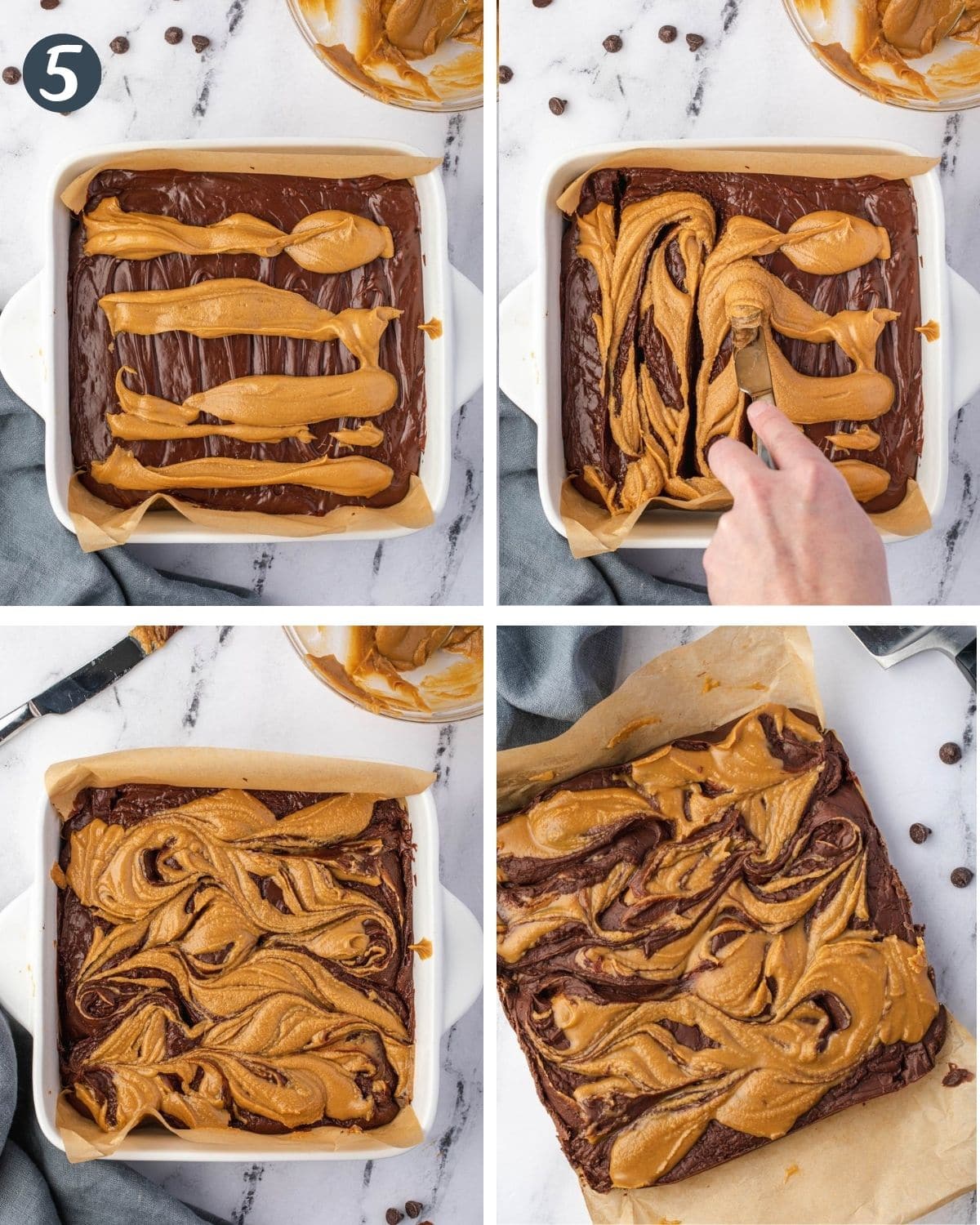 Collage: 4 steps to swirl peanut butter into fudge.