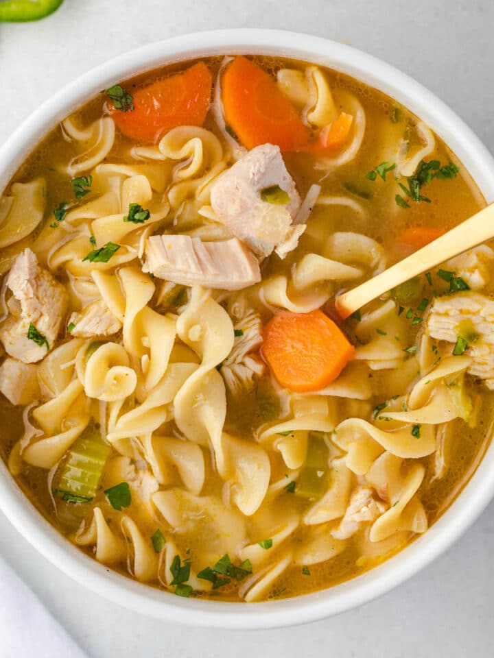 Overhead of a bowl of soup with egg noodles, chunks of chicken, and carrot slices.