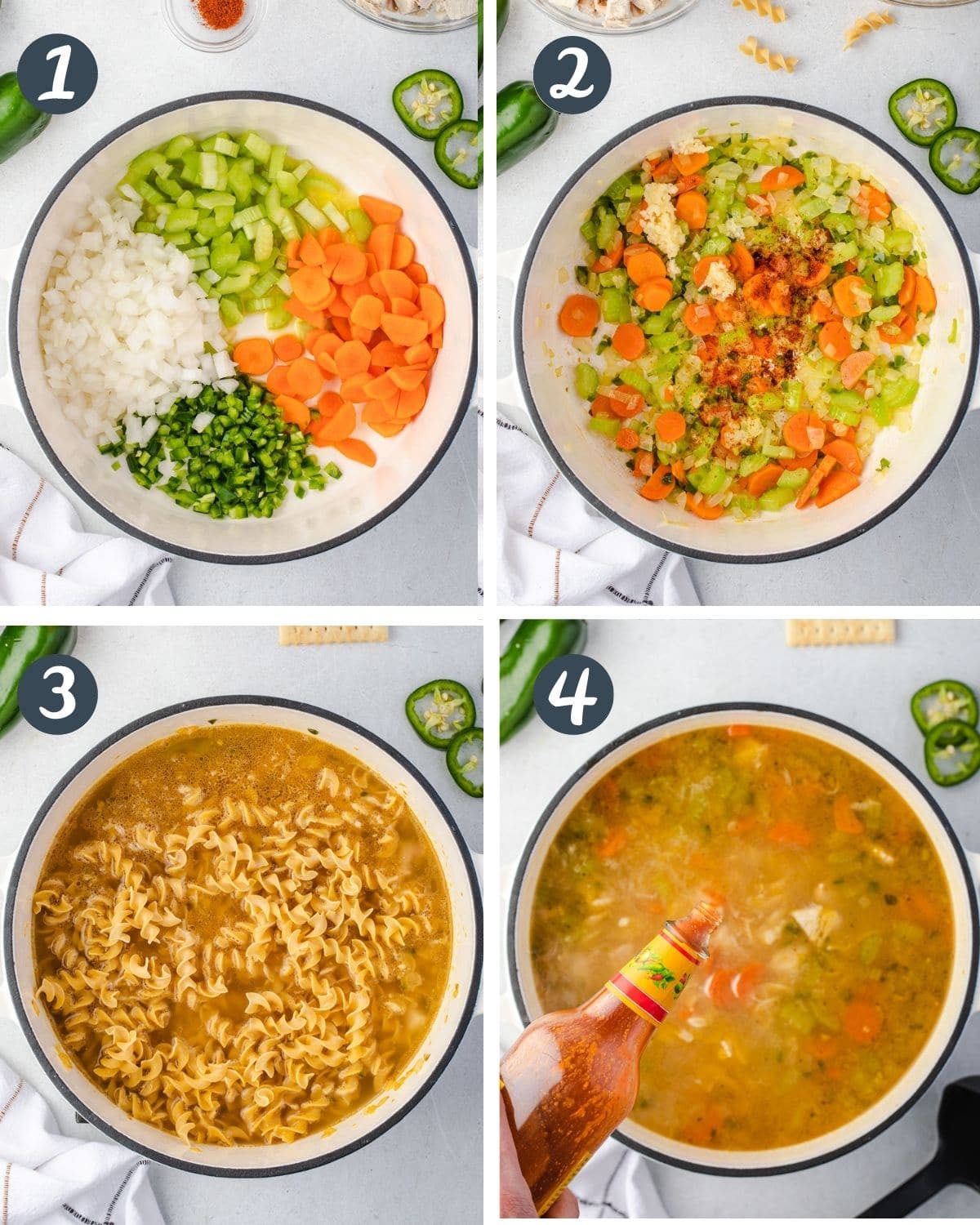 Collage of the 4 steps for making the soup.
