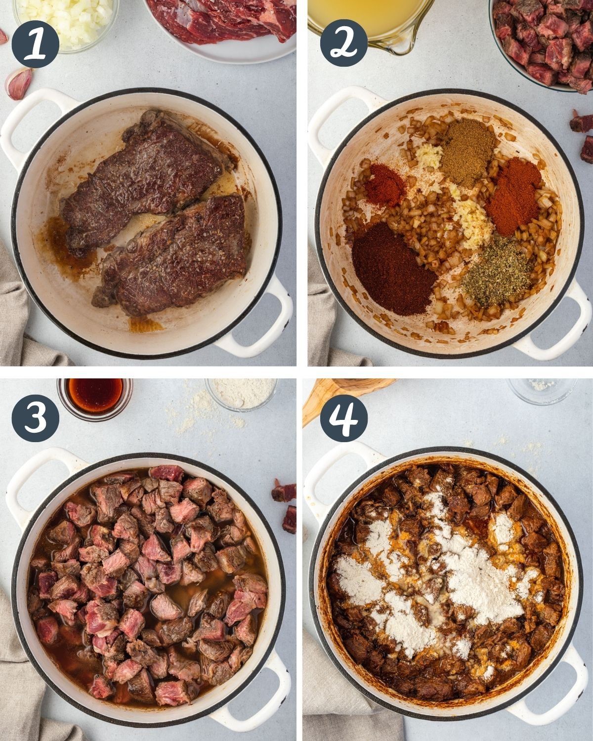 Collage showing 4 steps to make Texas steak chili.