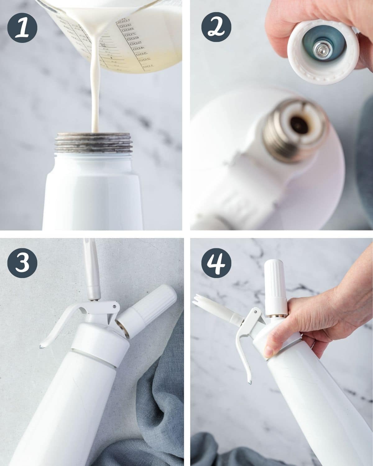 Collage showing 4 steps of making whipped cream in a dispenser.