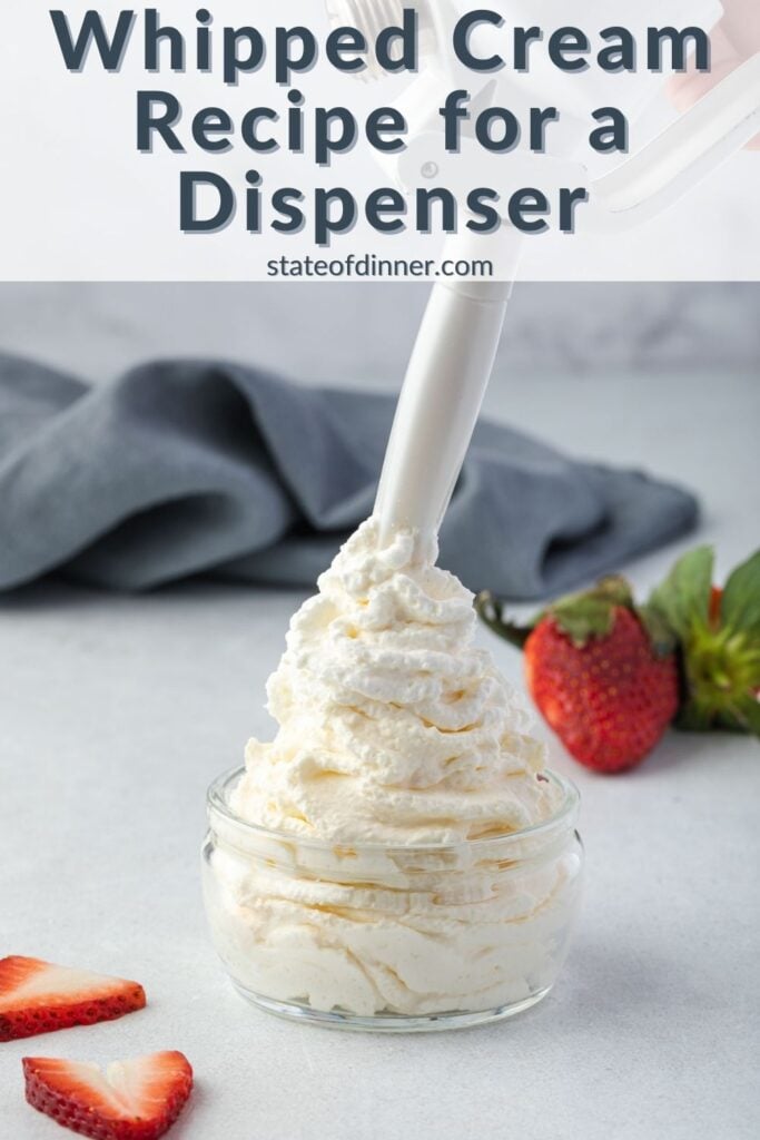 Pinterest pin: Whipped cream canister piping whipped cream into a jar.