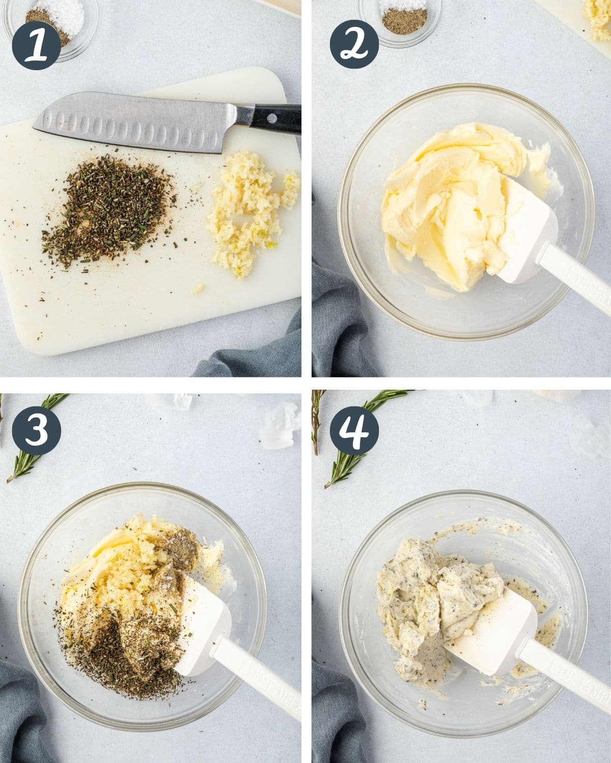 Collage showing garlic butter process - mincing herbs and mixing into butter.
