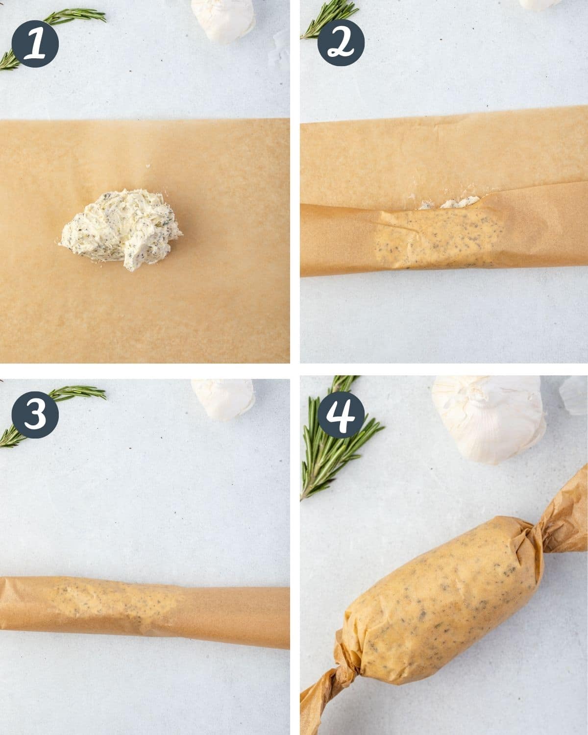 Collage showing 4 steps to rolling butter into a log.