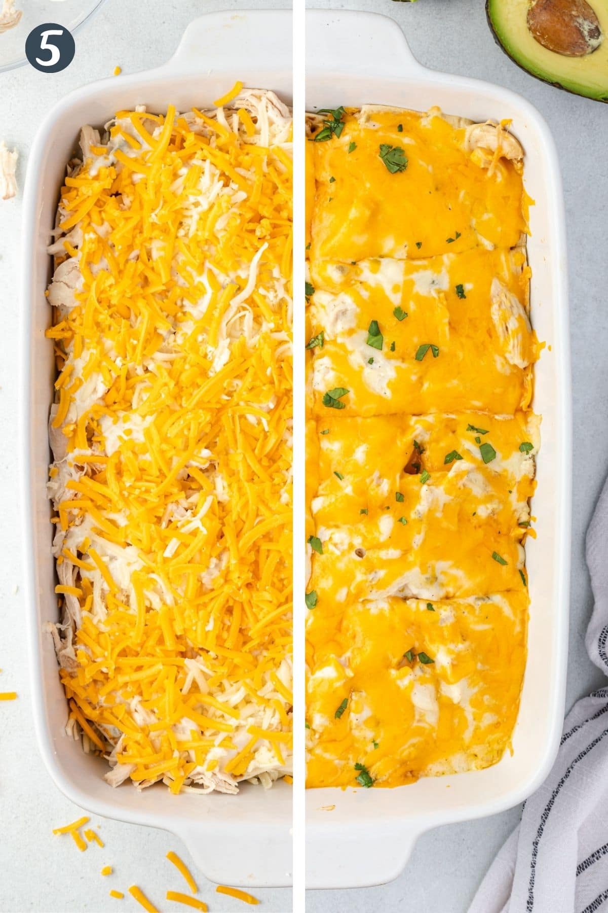 Overhead 9x13 enchiladas split in half, left with shredded cheese and right has cheese melted.