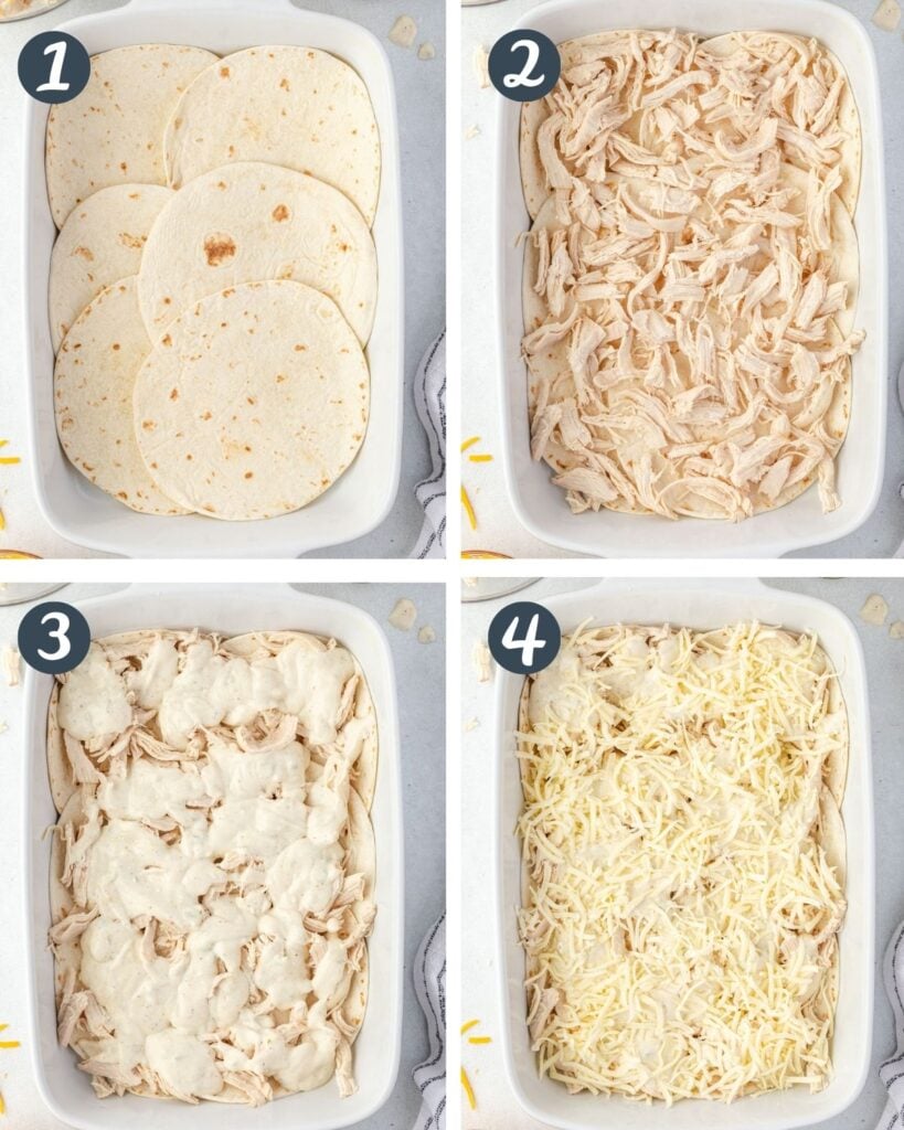 Collage of the 4 steps to make enchilada casserole.