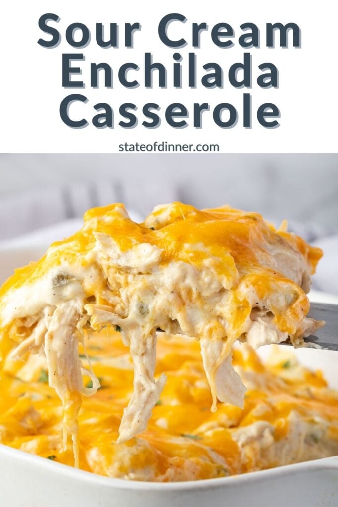 Pinterest pin: Pulling a serving of casserole from the pan, with chicken dripping off the server.